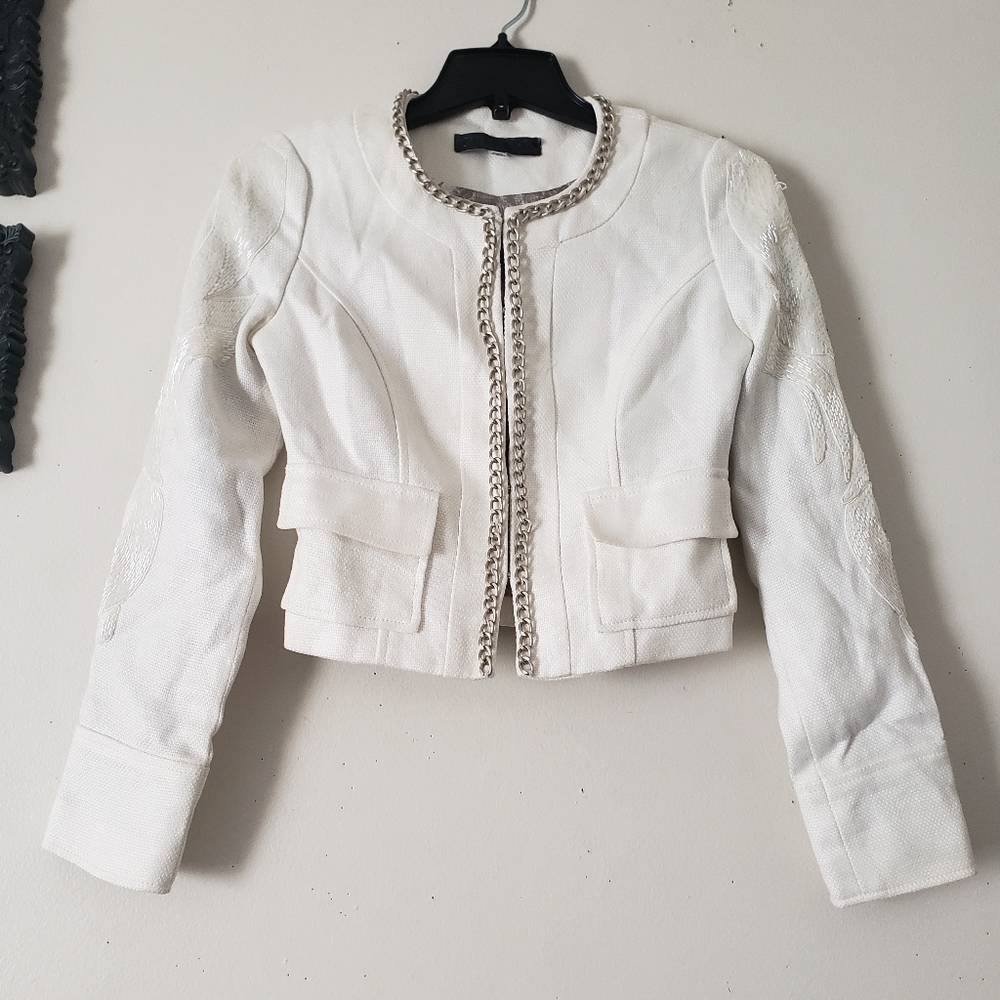 Guess Chain Neckline Linen Blazer Jacket  With Beading Details On Sleeves.